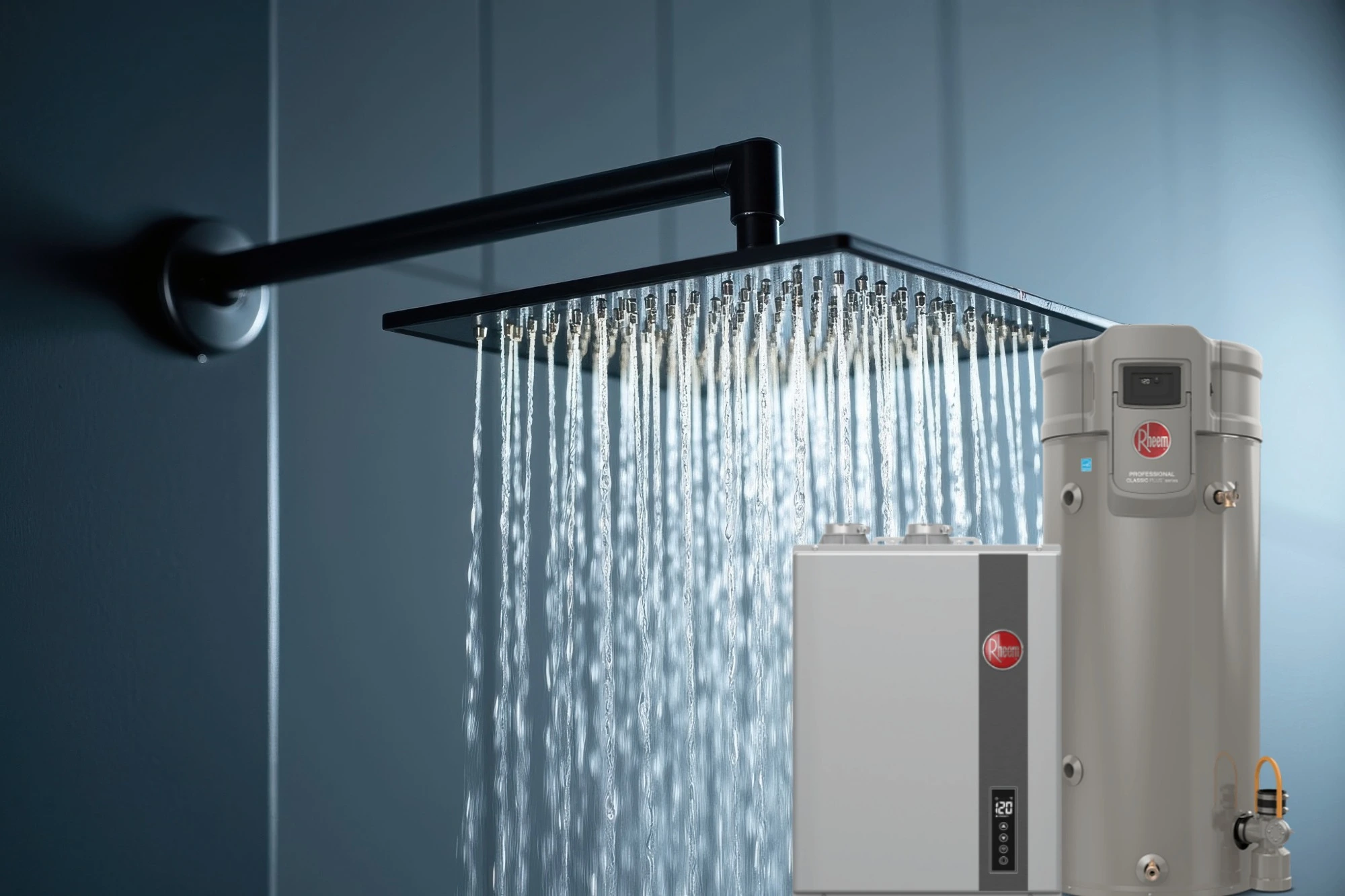 Hot water flowing from a modern showerhead powered by Rheem tank and tankless water heaters 